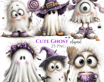 May include: A collection of six white ghost illustrations featuring various accessories including a purple witch hat, a pink lollipop, a purple bow, a broom, and a purple coffee mug. The text CUTE GHOST clipart 25 PNG is centered in the middle.
