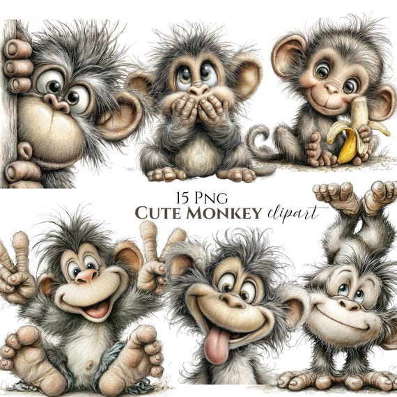 Kawaii Monkey Clipart Bundle – Whimsical Watercolor Jungle Animals (15 PNG Digital Download)