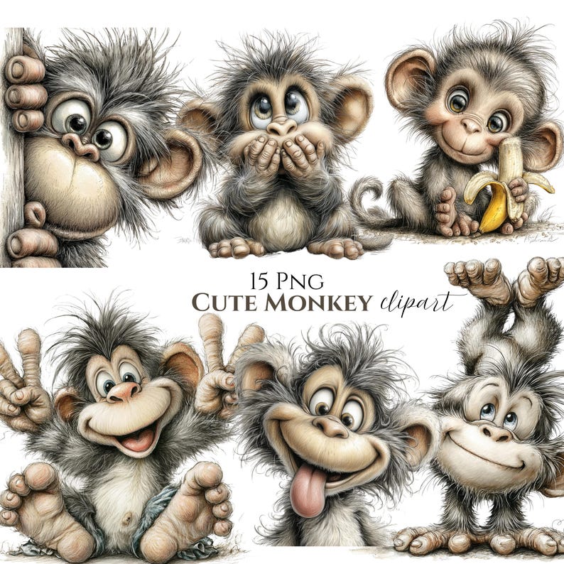 May include: A collection of six cartoon monkey illustrations in various poses. The monkeys are depicted with gray fur, expressive faces, and some are holding a banana or making peace signs. Text reads "15 PNG Cute Monkey clipart."