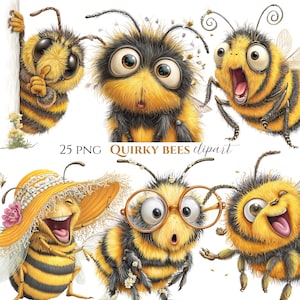 Op de afbeelding: Een verzameling grillige clipart-afbeeldingen van bijen. De bijen worden afgebeeld met expressieve gezichten, dragen brillen, hoeden en tonen verschillende emoties. De tekst "25 PNG QUIRKY BEES clipart" is ook zichtbaar.