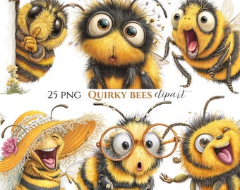 Quirky Bee Clipart Bundle – Funny Hilarious Cartoon Bees, Laughing Bees, Humorous Insects, (25 PNG)