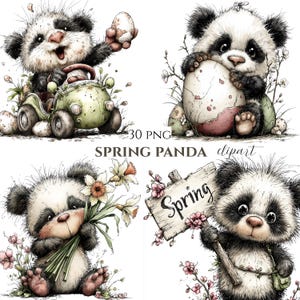 May include: A collection of four watercolor illustrations featuring adorable panda bears. The pandas are depicted with spring-themed elements, including eggs, flowers, and a sign that says "Spring". The images are labeled "30 PNG SPRING PANDA clipart".