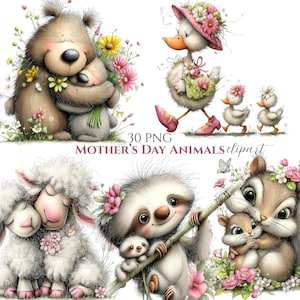 Könnte beinhalten: Eine Sammlung entzückender Muttertags-Tier-Clipart. Das Bild zeigt einen Bären, der einen kleineren Bären umarmt, eine Ente mit Entenküken, zwei Schafe, ein Faultier mit einem Baby-Faultier und ein Eichhörnchen mit einem Baby-Eichhörnchen. Der Text "30 PNG Mother's Day Animals clipart" ist ebenfalls enthalten.