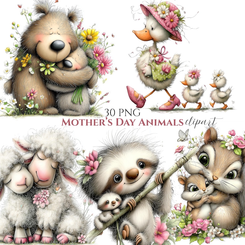 Mother's Day Animal Clipart Bundle | Watercolor Mom Baby Animals PNG ...