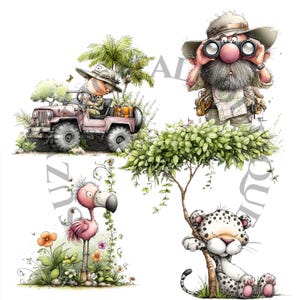 Op de afbeelding: Een grillige illustratie met een roze jeep met een bestuurder, een man met een verrekijker, een flamingo en een luipaard. De personages bevinden zich in een jungle-omgeving met bomen en bloemen. De stijl is cartoonachtig en kleurrijk.