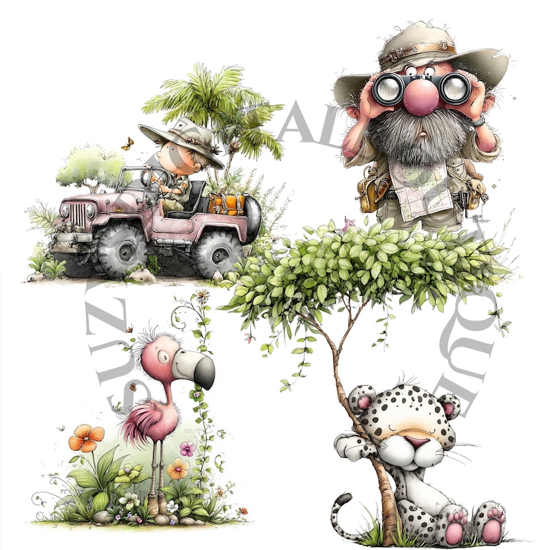 Op de afbeelding: Een grillige illustratie met een roze jeep met een bestuurder, een man met een verrekijker, een flamingo en een luipaard. De personages bevinden zich in een jungle-omgeving met bomen en bloemen. De stijl is cartoonachtig en kleurrijk.