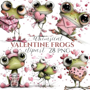 Puede incluir: Clipart caprichoso con temática de San Valentín con ranas de dibujos animados. Las ranas son verdes con ojos grandes y sostienen regalos, flores y objetos en forma de corazón. El texto "Whimsical Valentine Frogs clipart 28 PNG" también es visible.