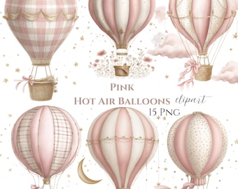 Paquete de imágenes prediseñadas de globos aerostáticos en color rosa pastel, acuarela para guardería (descarga digital) (15 PNG)
