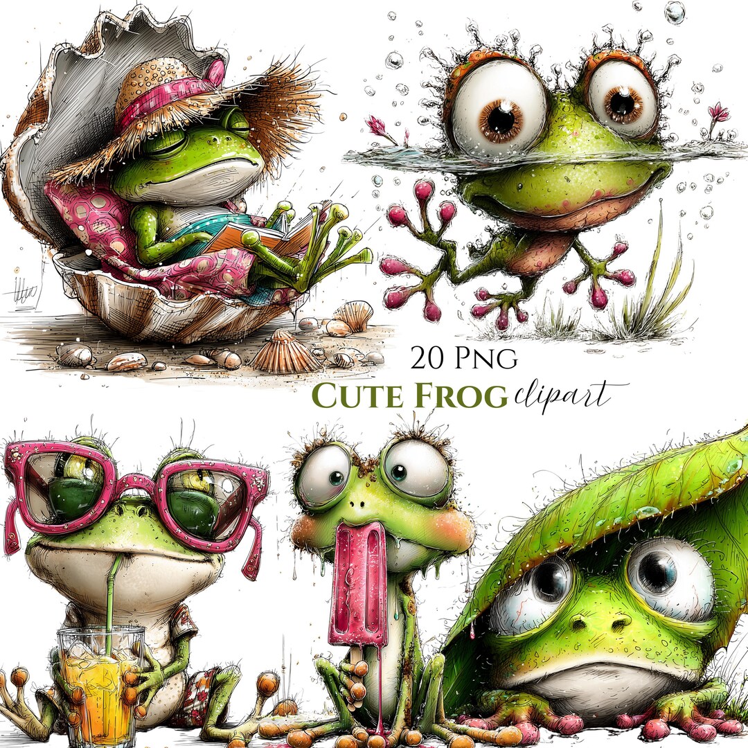 Whimsical Frog Clipart Bundle, Watercolor Ink Style, Summer Animal Art ...