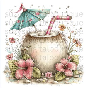 Puede incluir: Ilustraci&oacute;n en acuarela de una bebida tropical en un coco. La bebida tiene una pajita a rayas rosas y blancas y un peque&ntilde;o paraguas azul con flores rosas. Flores de hibisco rosas y otro follaje rodean el coco.