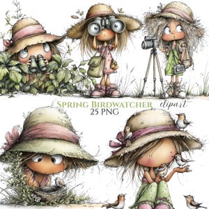 Op de afbeelding: Waterverf clipart met grillige illustraties van kinderen die vogels spotten. De kinderen dragen strohoeden en houden verrekijkers, camera's en vogelnesten vast. De tekst "Spring Birdwatcher clipart 25 PNG" is ook inbegrepen.