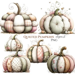 May include: A selection of quilted pumpkins in pastel shades of pink, green, and cream. Each pumpkin has a unique patchwork design and a curved stem. The image includes the text "QUILTED PUMPKINS clipart PNG".