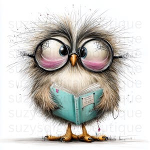 May include: A whimsical illustration of a fluffy owl wearing round glasses and reading a teal book. The owl has large blue eyes, pink cheeks, and detailed feather textures in shades of brown and white. The book has text on its pages.
