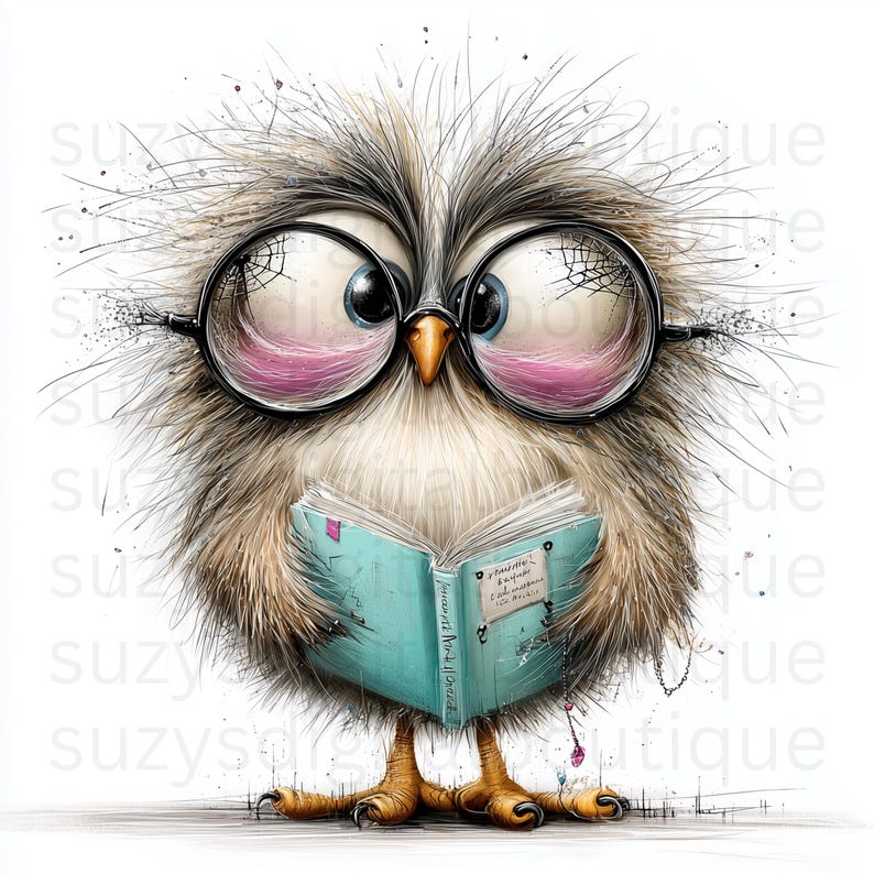 May include: A whimsical illustration of a fluffy owl wearing round glasses and reading a teal book. The owl has large blue eyes, pink cheeks, and detailed feather textures in shades of brown and white. The book has text on its pages.