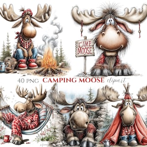 May include: A digital art collection featuring four cartoon moose in camping scenarios. One moose sits by a campfire, another by a "Camp Moose" sign, a third relaxes in a hammock, and the last one is in a tent. The text "40 PNG CAMPING MOOSE clipart" is at the bottom.