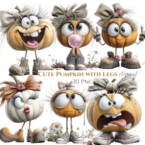 May include: A collection of cartoon pumpkins with expressive faces, each with legs and wearing shoes. The pumpkins are various shades of orange and white, with large eyes, eyelashes, and bows. The text "CUTE PUMPKIN WITH LEGS clipart" is visible.