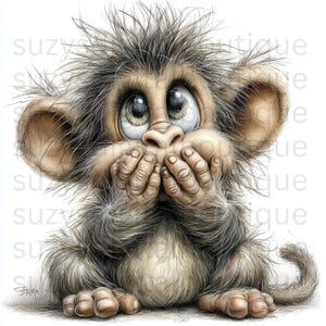 May include: A cartoon illustration of a monkey with large, expressive eyes and hands covering its mouth. The monkey has light brown fur, with darker shading and highlights. The image has a whimsical, endearing quality.