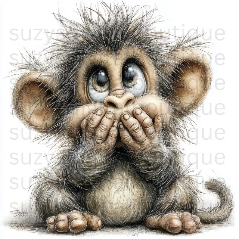 May include: A cartoon illustration of a monkey with large, expressive eyes and hands covering its mouth. The monkey has light brown fur, with darker shading and highlights. The image has a whimsical, endearing quality.