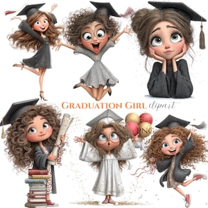 Puede incluir: Una colección de ilustraciones de dibujos animados de chicas graduadas. Cada chica lleva un birrete y una toga de graduación, con varias poses y atuendos. Algunas sostienen diplomas o globos. El texto "GRADUATION GIRL clipart" es visible.