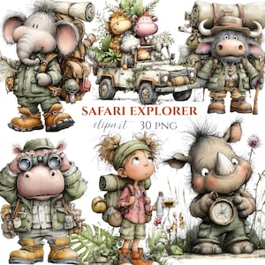May include: A digital illustration featuring safari-themed characters, including an elephant, a rhino, a hippo, and a girl, all dressed in safari attire. A safari jeep is also present. The text "SAFARI EXPLORER clipart 30 PNG" is displayed.