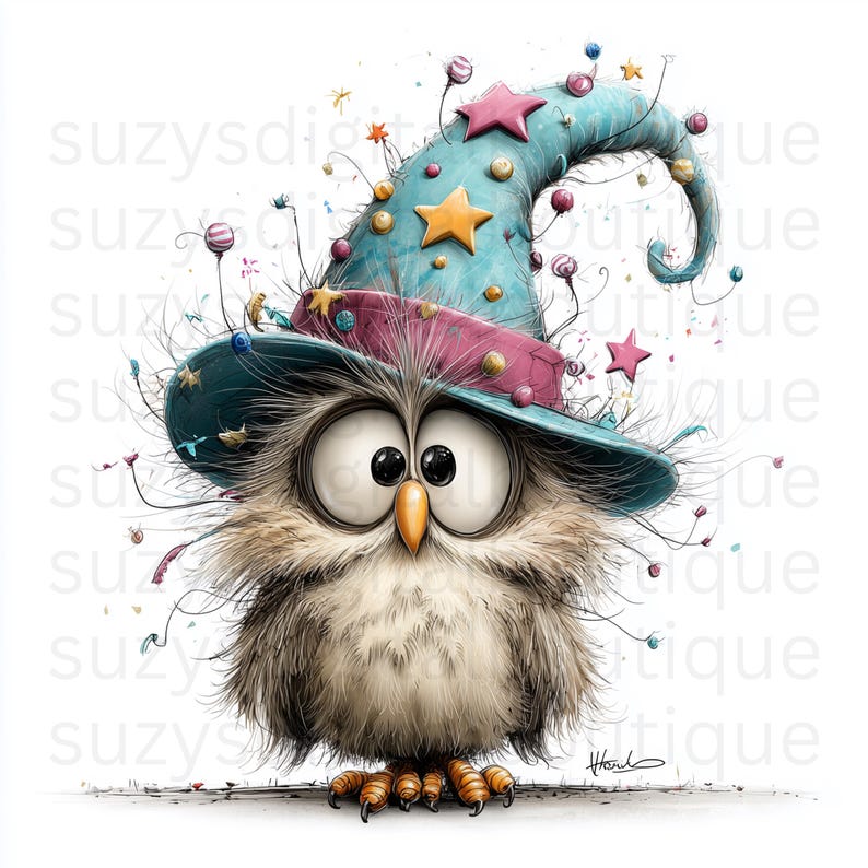 May include: A whimsical illustration of an owl wearing a turquoise wizard hat adorned with stars and colorful embellishments. The owl has large, expressive eyes, a yellow beak, and fluffy brown and white feathers. The image has a playful, cartoonish style.