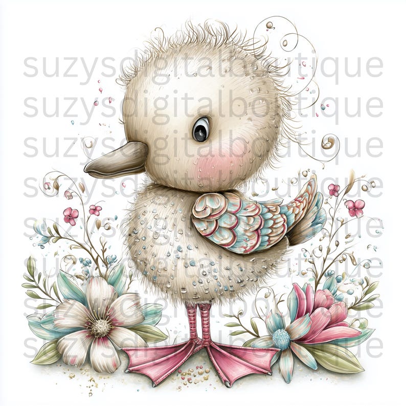 Puede incluir: Una ilustraci&oacute;n caprichosa de un patito esponjoso con un cuerpo beige claro, mejillas rosadas y un pico marr&oacute;n. El patito tiene alas azules, rosas y blancas y patas rosas. Est&aacute; rodeado de flores y follaje pastel.