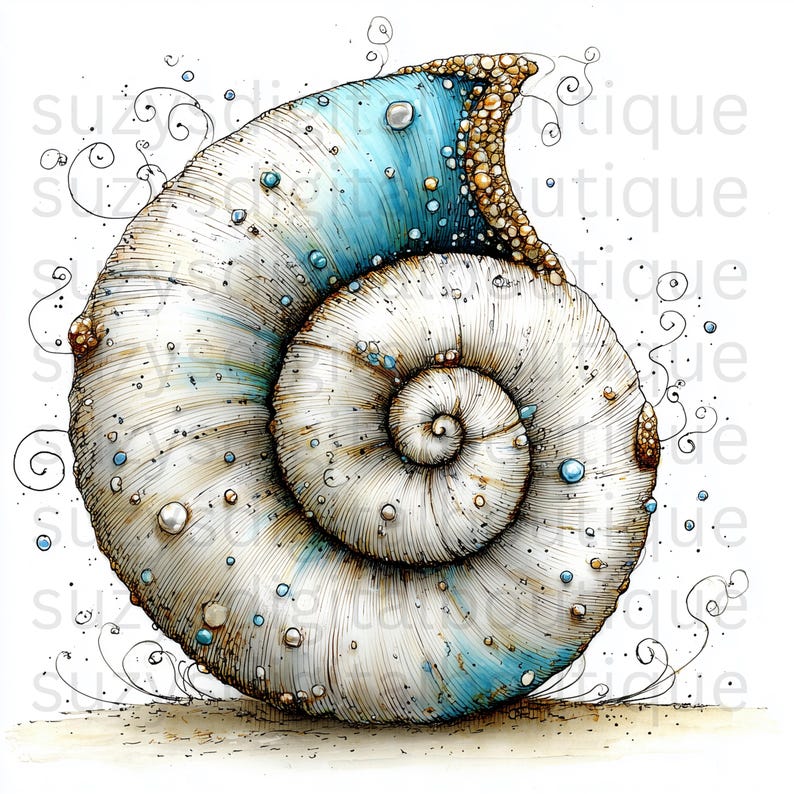 May include: Detailed illustration of a nautilus shell with a spiral design. The shell features a white base with blue and brown accents, and is adorned with small, round details. Delicate swirls and dots surround the shell, creating a whimsical effect.