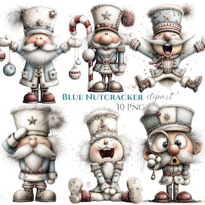 Può includere: Una collezione di sei personaggi schiaccianoci illustrati in tonalità blu, bianco e rosso. Le figure presentano uniformi dettagliate, cappelli con stelle e barbe bianche. Il testo "BLUE NUTCRACKER clipart 30 PNG" è centrato tra le illustrazioni.