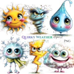 Puede incluir: Colección de imágenes prediseñadas caprichosas con temas meteorológicos, que incluyen un sol sonriente, un tornado enojado, una gota de lluvia triste, un personaje de copo de nieve, un rayo gruñón y una nube feliz. También se incluye el texto "Quirky Weather clipart PNG".