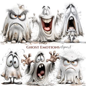 Op de afbeelding: Een verzameling van zes cartoongeesten met verschillende uitdrukkingen. De geesten zijn wit met overdreven kenmerken, waaronder grote ogen, open monden en expressieve wenkbrauwen. De tekst "GHOST EMOTIONS clipart" staat eronder.