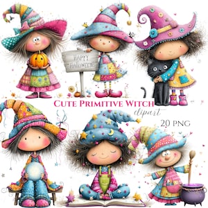 Patchwork Witch Clipart Bundle, Watercolor Halloween PNG Graphics (20 Files)