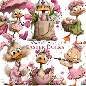 Puede incluir: Ilustración digital de patos de dibujos animados con atuendos de Pascua. Un pato lleva una bolsa de compras y un paraguas, otros sostienen huevos, flores y tocan instrumentos. El texto "clipart 29 PNG Easter Ducks" es visible.