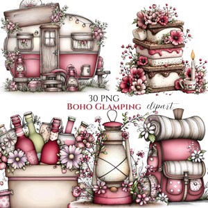 Boho Glamping Clipart, Rustika Campingelement, Tält Smores (30 PNG Digital Nedladdning)
