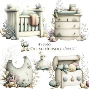Puede incluir: Una ilustración de imágenes prediseñadas de guardería con temática oceánica. La imagen presenta una cuna, una cómoda, un babero, un sombrero y un cofre del tesoro, todo en colores pastel suaves. También se incluye el texto "45 PNG Ocean Nursery clipart".