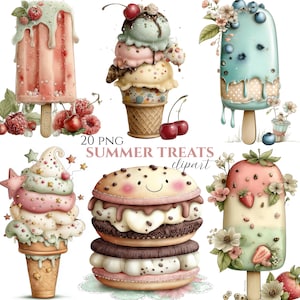 Può includere: Una collezione di illustrazioni ad acquerello con varie prelibatezze estive. Include coni gelato, ghiaccioli e un biscotto sandwich, tutti decorati con frutta e fiori. È visibile anche il testo "20 PNG SUMMER TREATS clipart".