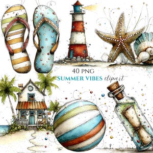 Pacchetto di clipart estive ad acquerello: spiaggia, anguria, grafica tropicale, 40 PNG (download digitale)