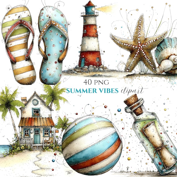 Watercolor Summer Clipart Bundle, Beach, Watermelon, Tropical Graphics 40 PNG (Digital Download)