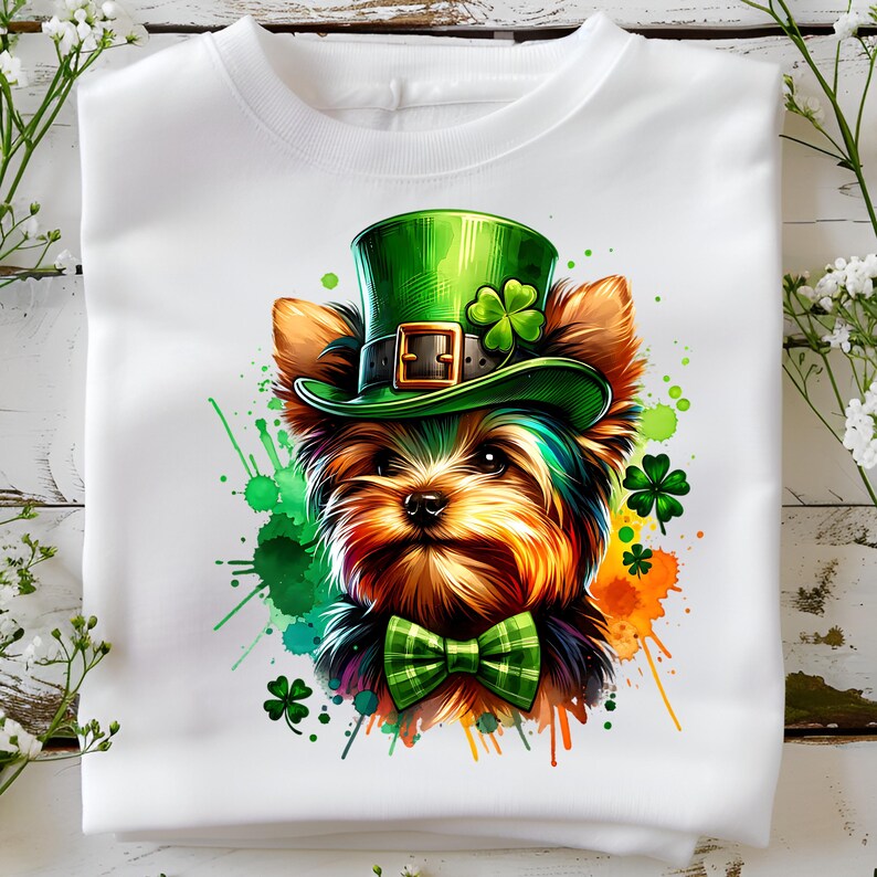 St Patricks Day Yorkie Welpen Clipart, Kobold Hut PNG (digitaler Download) Bild 6