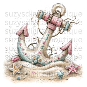 Puede incluir: Ilustraci&oacute;n en acuarela de un ancla n&aacute;utica con detalles en rosa y azul, adornada con detalles florales. El ancla descansa sobre una playa arenosa con estrellas de mar y conchas, evocando un tema costero.