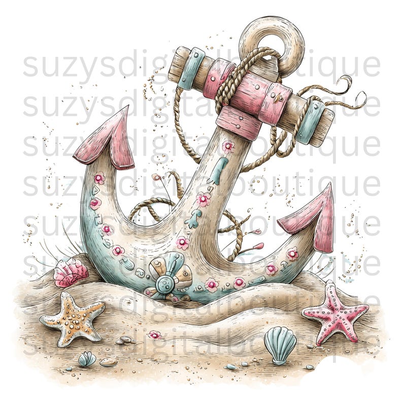 Puede incluir: Ilustraci&oacute;n en acuarela de un ancla n&aacute;utica con detalles en rosa y azul, adornada con detalles florales. El ancla descansa sobre una playa arenosa con estrellas de mar y conchas, evocando un tema costero.