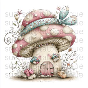 May include: A whimsical illustration of a mushroom house with a pink and white spotted cap, adorned with a blue ribbon and floral accents. The mushroom has a beige stem with a pink door and small mushroom-shaped windows. Decorative flowers and grass surround the base.