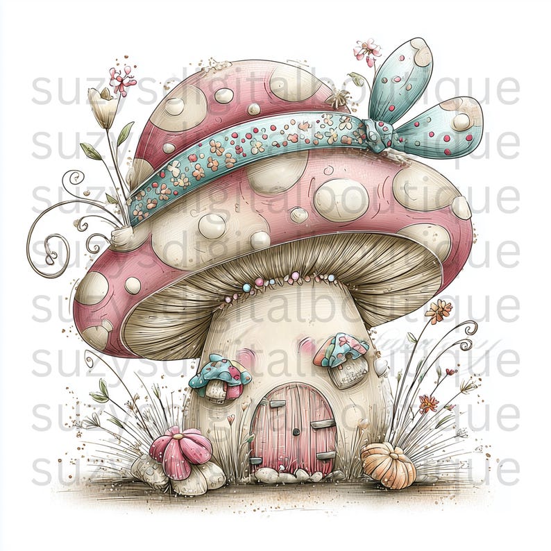 May include: A whimsical illustration of a mushroom house with a pink and white spotted cap, adorned with a blue ribbon and floral accents. The mushroom has a beige stem with a pink door and small mushroom-shaped windows. Decorative flowers and grass surround the base.