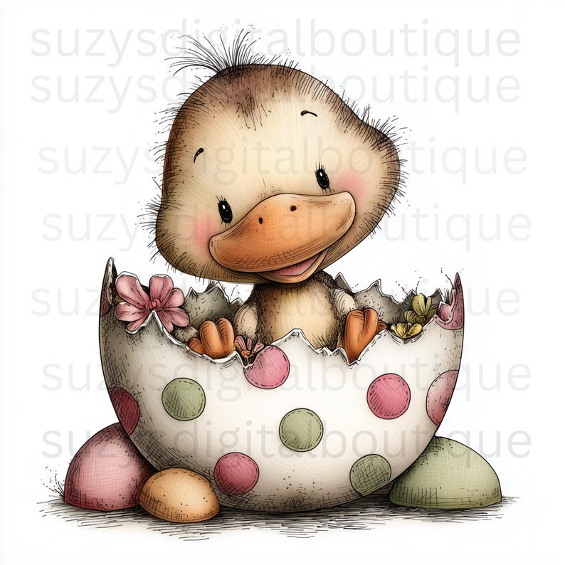 May include: A charming illustration of a baby duckling hatching from a decorated egg. The eggshell is white with pink and green polka dots. The duckling has a brown head, orange beak, and is surrounded by small flowers.