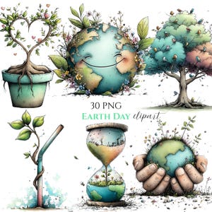 Earth Day Clipart Bundle, Watercolor Eco Friendly Graphics, Sustainability Elements (30 PNG)