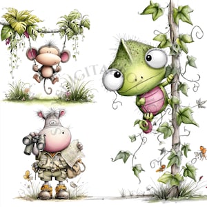 Op de afbeelding: Grillige illustratie met een aap die aan een liaan slingert, een kameleon die achter een boom vandaan gluurt en een nijlpaard met een verrekijker en een kaart. Het kunstwerk heeft een junglethema met levendige kleuren en cartoonfiguren.