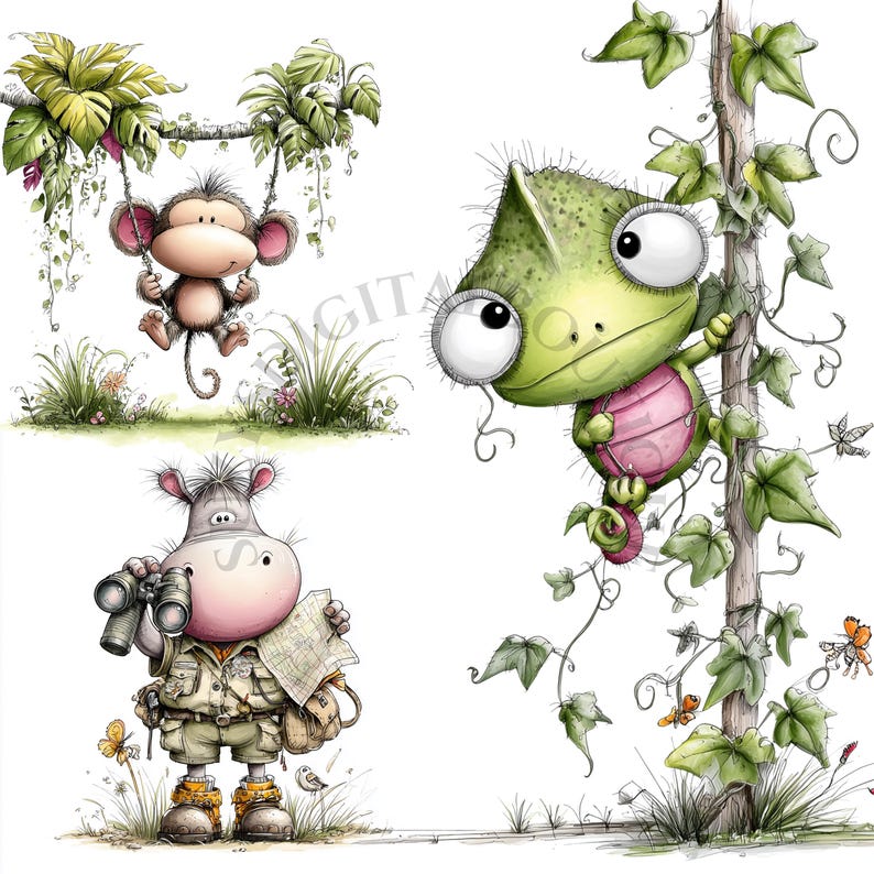 Op de afbeelding: Grillige illustratie met een aap die aan een liaan slingert, een kameleon die achter een boom vandaan gluurt en een nijlpaard met een verrekijker en een kaart. Het kunstwerk heeft een junglethema met levendige kleuren en cartoonfiguren.