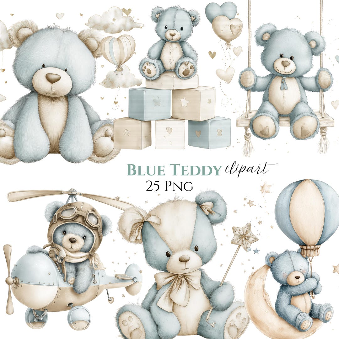 Blue Teddy Bear Clipart Bundle, Watercolor Baby Boy Nursery PNG (25 PNG ...