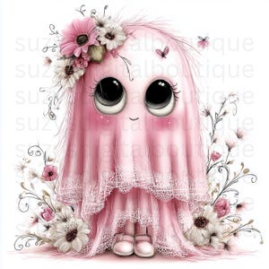 Puede incluir: Un personaje rosa parecido a un fantasma con grandes ojos negros y una peque&ntilde;a sonrisa, que lleva un velo con borde de encaje y est&aacute; adornado con flores rosas y blancas. El personaje tiene una textura suave y difusa, rodeado de ilustraciones florales y el texto suzydigitalboutique.
