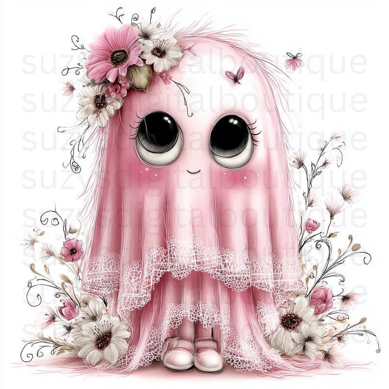 Puede incluir: Un personaje rosa parecido a un fantasma con grandes ojos negros y una peque&ntilde;a sonrisa, que lleva un velo con borde de encaje y est&aacute; adornado con flores rosas y blancas. El personaje tiene una textura suave y difusa, rodeado de ilustraciones florales y el texto suzydigitalboutique.