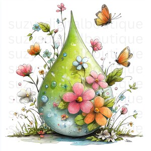 May include: A watercolor illustration of a green water droplet adorned with colorful flowers and butterflies. The droplet is surrounded by pink, orange, and blue flowers, with two orange butterflies fluttering nearby. The artwork has a whimsical, nature-inspired theme.